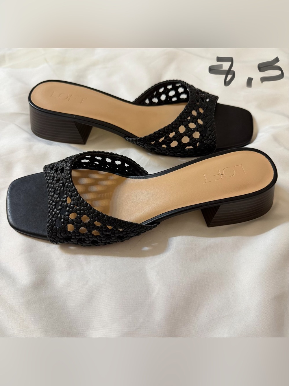 LOFT Black Woven Open-Toe Low Block Heel Mules